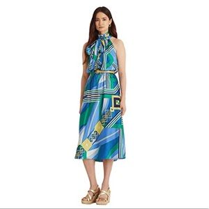 Lauren Ralph Lauren Geometric Print Twill Tie Detail Mock Neck Sleeveless Dress